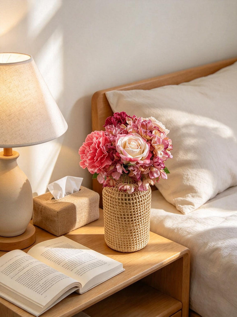 Artificial Rose, Carnation & Burnt-Edge Hydrangea Bouquet, 5 Faux Silk Blooms, Bendable Stems, Wedding & Home Decor