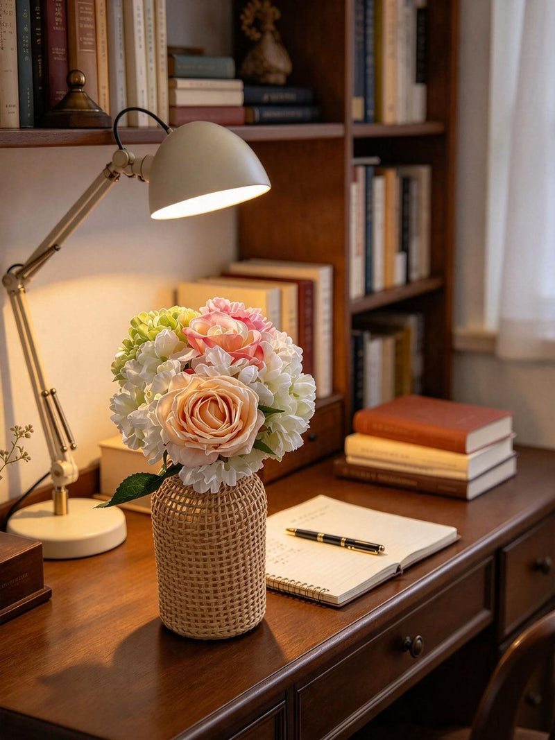 Artificial Rose, Carnation & Burnt-Edge Hydrangea Bouquet, 5 Faux Silk Blooms, Bendable Stems, Wedding & Home Decor