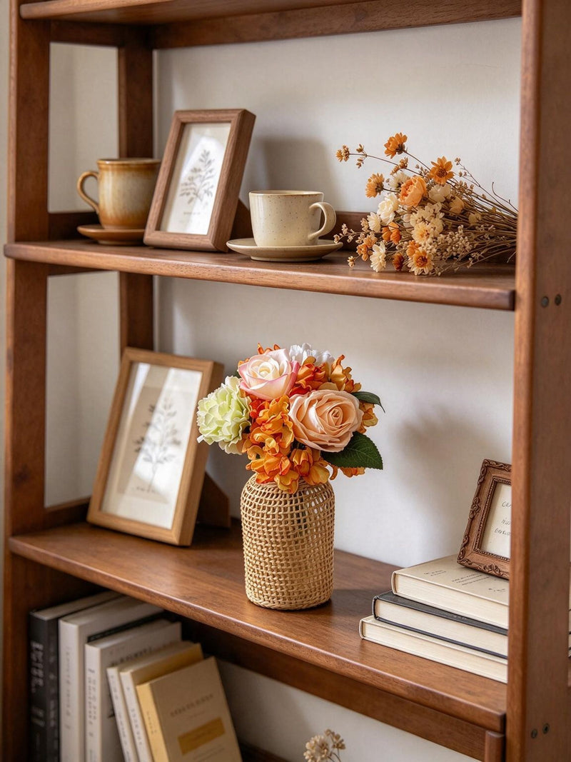 Artificial Rose, Carnation & Burnt-Edge Hydrangea Bouquet, 5 Faux Silk Blooms, Bendable Stems, Wedding & Home Decor