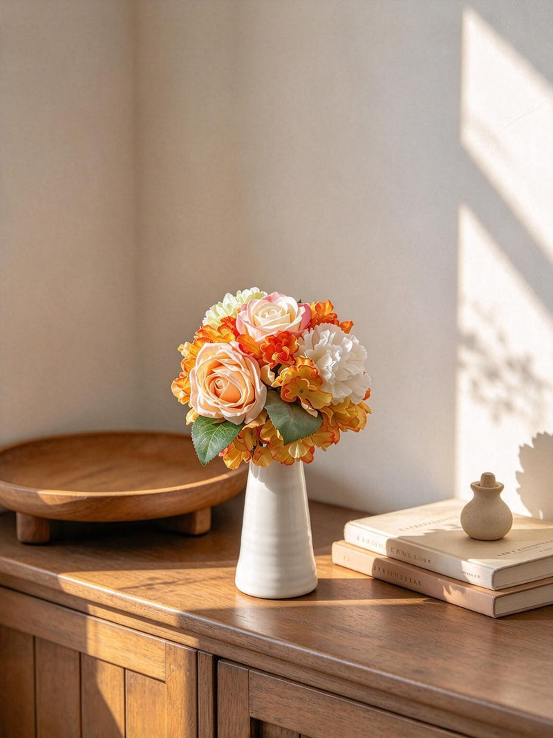 Artificial Rose, Carnation & Burnt-Edge Hydrangea Bouquet, 5 Faux Silk Blooms, Bendable Stems, Wedding & Home Decor