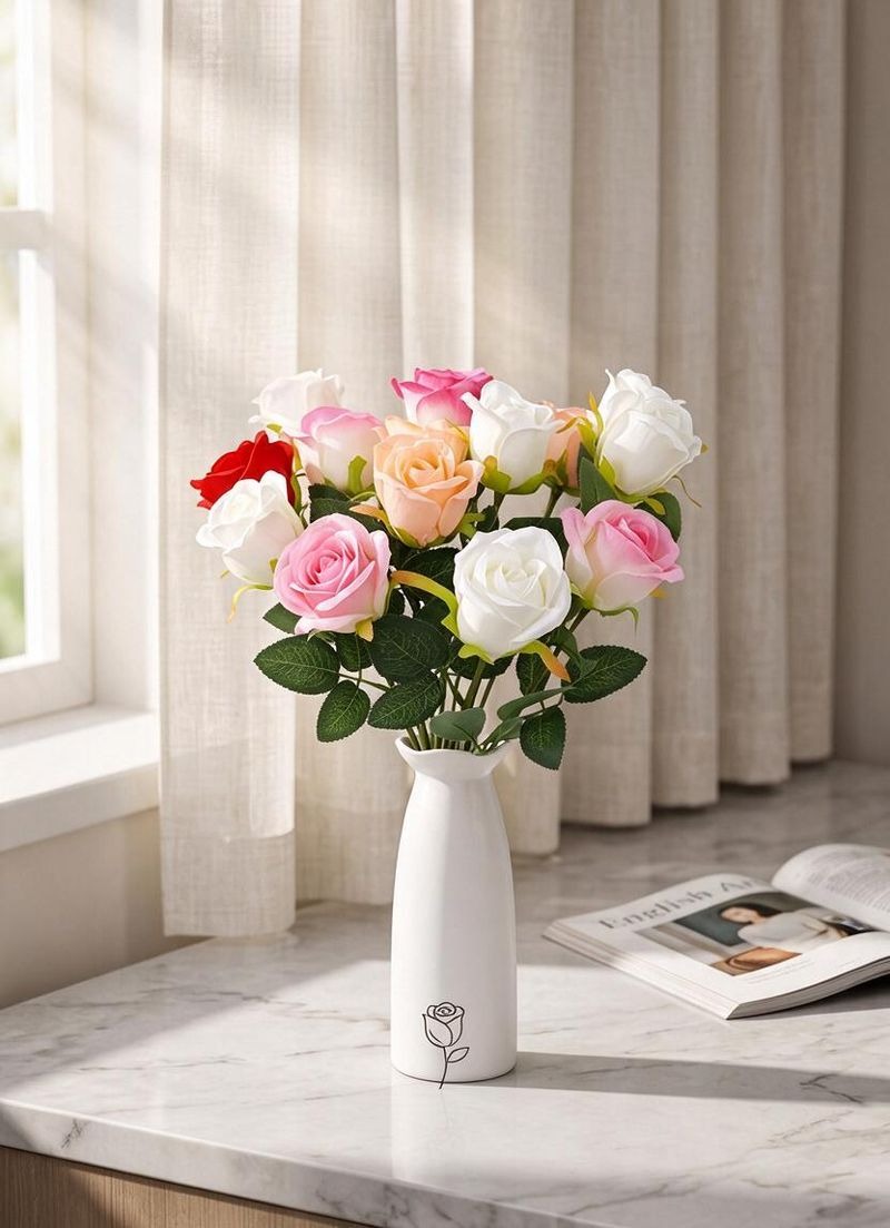 Artificial Rose Single Stem, Faux Silk Snow Mountain Rose with Bendable Stem, Wedding Bouquet & Home Decor