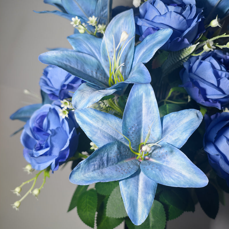 Blue Ombre Artificial Lily, Rose & Baby's Breath Cemetery Bouquet, 24-Bloom Bush with Grave Vase, UV Resistant