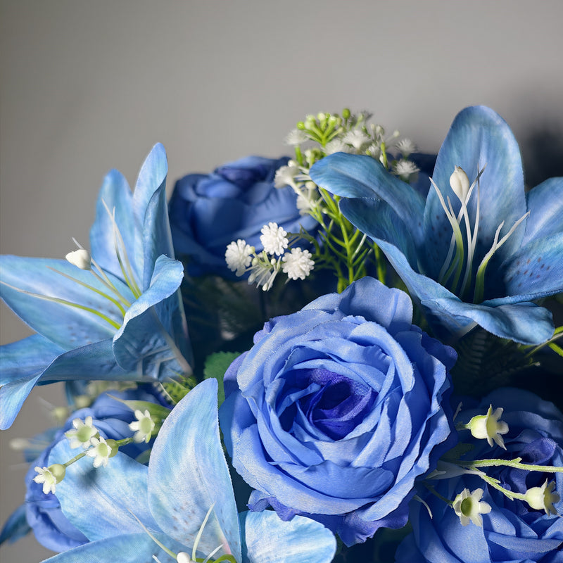 Blue Ombre Artificial Lily, Rose & Baby's Breath Cemetery Bouquet, 24-Bloom Bush with Grave Vase, UV Resistant