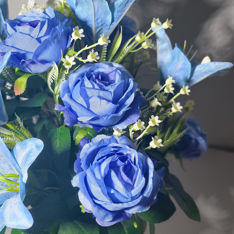 Blue Ombre Artificial Lily, Rose & Baby's Breath Cemetery Bouquet, 24-Bloom Bush with Grave Vase, UV Resistant