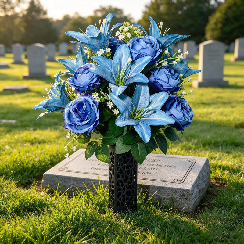 Blue Ombre Artificial Lily, Rose & Baby's Breath Cemetery Bouquet, 24-Bloom Bush with Grave Vase, UV Resistant