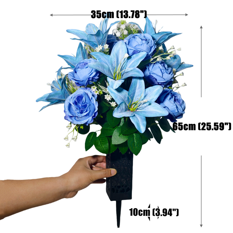 Blue Ombre Artificial Lily, Rose & Baby's Breath Cemetery Bouquet, 24-Bloom Bush with Grave Vase, UV Resistant