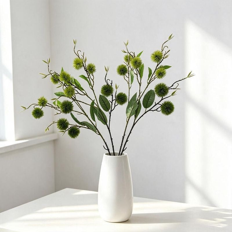 Artificial Chestnut Burr Branch, Green Autumn Spiky Fruit Bush with 7 Blooms, Plastic, Vintage Style, for Vase, Home & Wedding