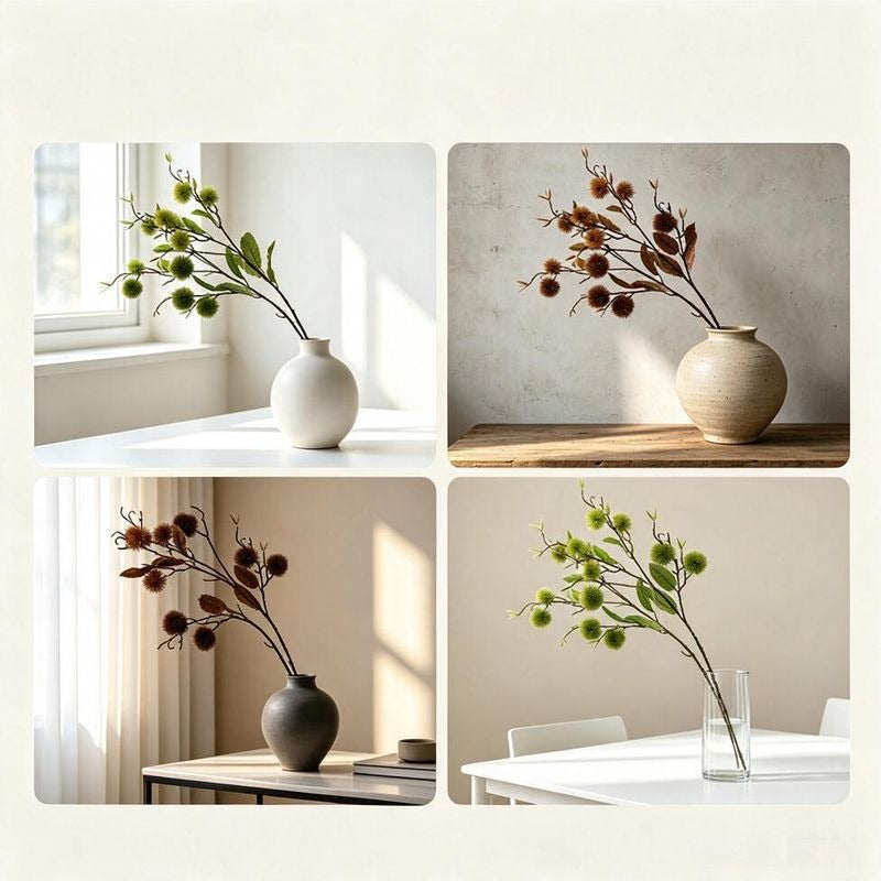 Artificial Chestnut Burr Branch, Green Autumn Spiky Fruit Bush with 7 Blooms, Plastic, Vintage Style, for Vase, Home & Wedding