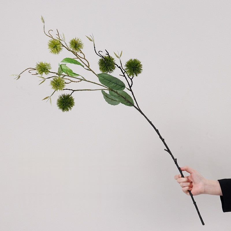 Artificial Chestnut Burr Branch, Green Autumn Spiky Fruit Bush with 7 Blooms, Plastic, Vintage Style, for Vase, Home & Wedding
