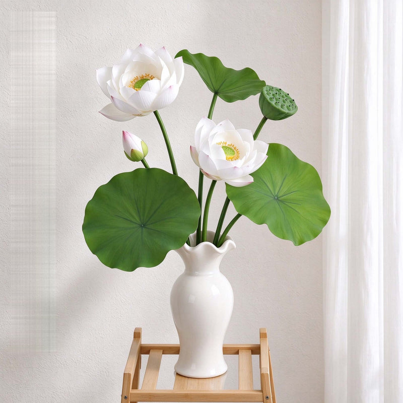 Artificial Lotus Flower Bush with 3 Blooms, Lotus Leaves & Seed Pod, PU Faux Lotus for Tea Room, Wedding, Home Decor