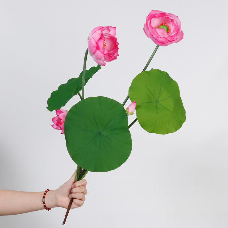 Artificial Lotus Flower Bush with 3 Blooms, Lotus Leaves & Seed Pod, PU Faux Lotus for Tea Room, Wedding, Home Decor