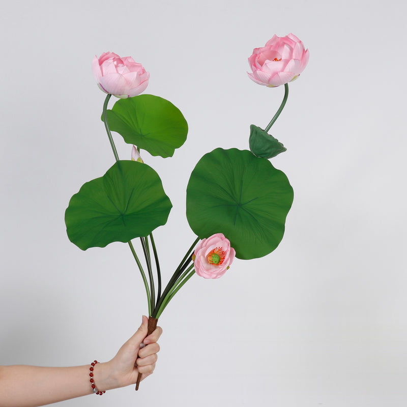 Artificial Lotus Flower Bush with 3 Blooms, Lotus Leaves & Seed Pod, PU Faux Lotus for Tea Room, Wedding, Home Decor