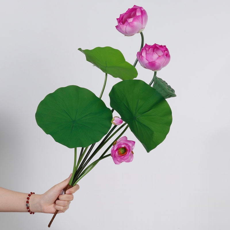 Artificial Lotus Flower Bush with 3 Blooms, Lotus Leaves & Seed Pod, PU Faux Lotus for Tea Room, Wedding, Home Decor