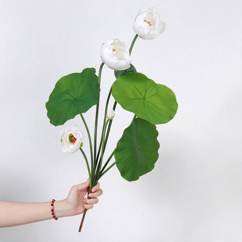 Artificial Lotus Flower Bush with 3 Blooms, Lotus Leaves & Seed Pod, PU Faux Lotus for Tea Room, Wedding, Home Decor