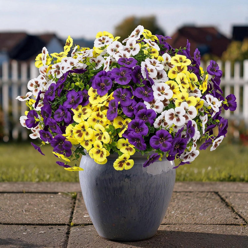 Artificial Pansy & Eucalyptus Bush, Set of 4 Faux Flower Bundles, Silk-Like Fabric, Farmhouse Home, Wedding & Outdoor Decor