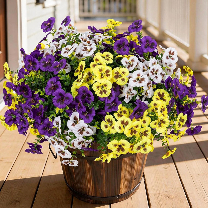 Artificial Pansy & Eucalyptus Bush, Set of 4 Faux Flower Bundles, Silk-Like Fabric, Farmhouse Home, Wedding & Outdoor Decor