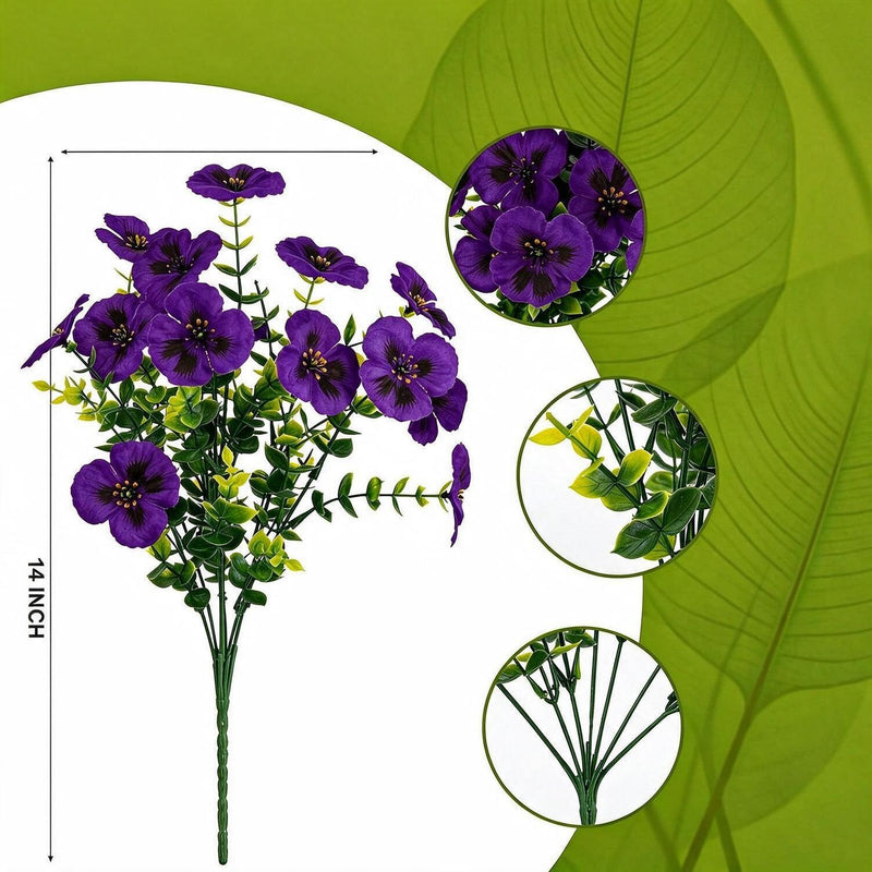 Artificial Pansy & Eucalyptus Bush, Set of 4 Faux Flower Bundles, Silk-Like Fabric, Farmhouse Home, Wedding & Outdoor Decor