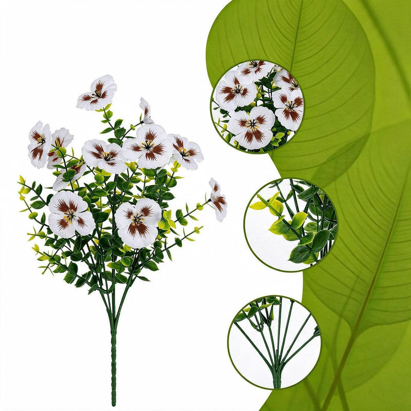 Artificial Pansy & Eucalyptus Bush, Set of 4 Faux Flower Bundles, Silk-Like Fabric, Farmhouse Home, Wedding & Outdoor Decor