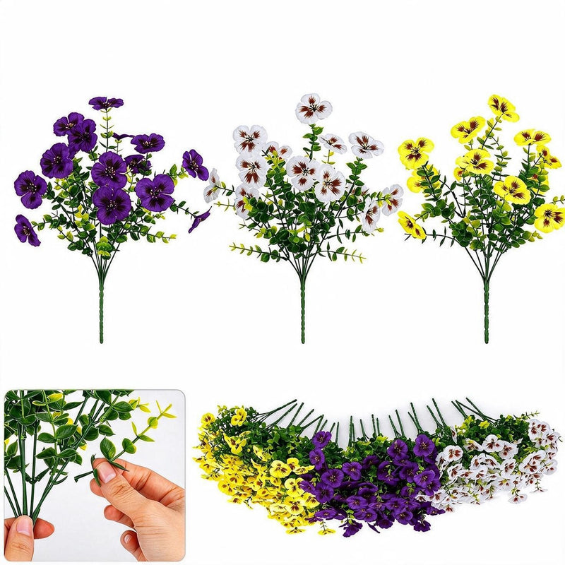 Artificial Pansy & Eucalyptus Bush, Set of 4 Faux Flower Bundles, Silk-Like Fabric, Farmhouse Home, Wedding & Outdoor Decor