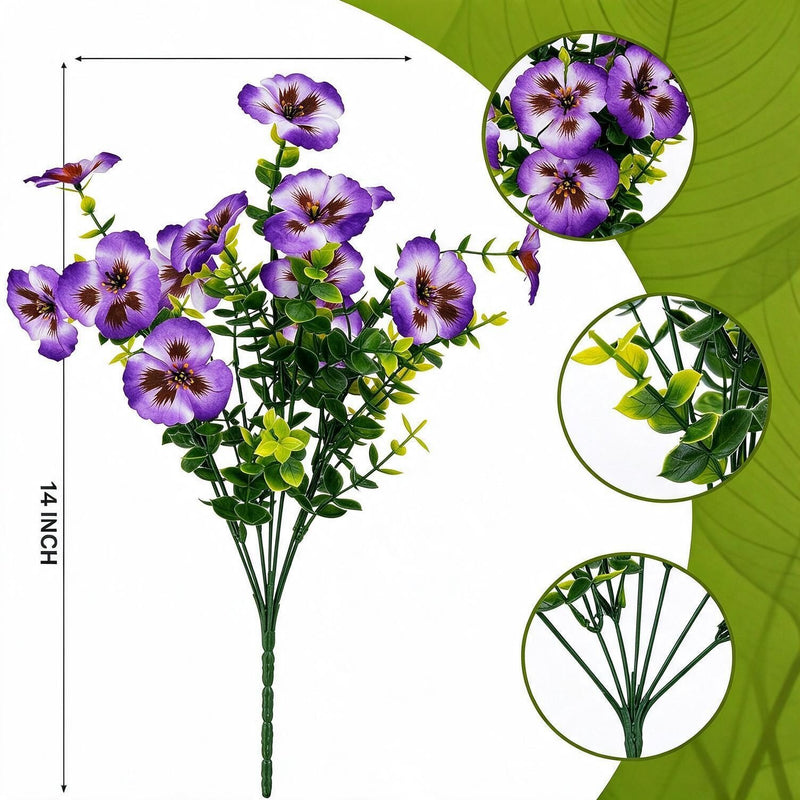 Artificial Pansy & Eucalyptus Bush, Set of 4 Faux Flower Bundles, Silk-Like Fabric, Farmhouse Home, Wedding & Outdoor Decor
