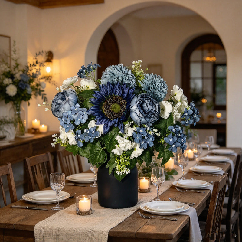 Dusty Blue Artificial Peony Hydrangea Bouquet with 24 Blooms, Metal Vase Included, Fall & Winter Home Decor