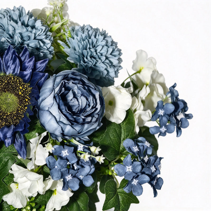 Dusty Blue Artificial Peony Hydrangea Bouquet with 24 Blooms, Metal Vase Included, Fall & Winter Home Decor