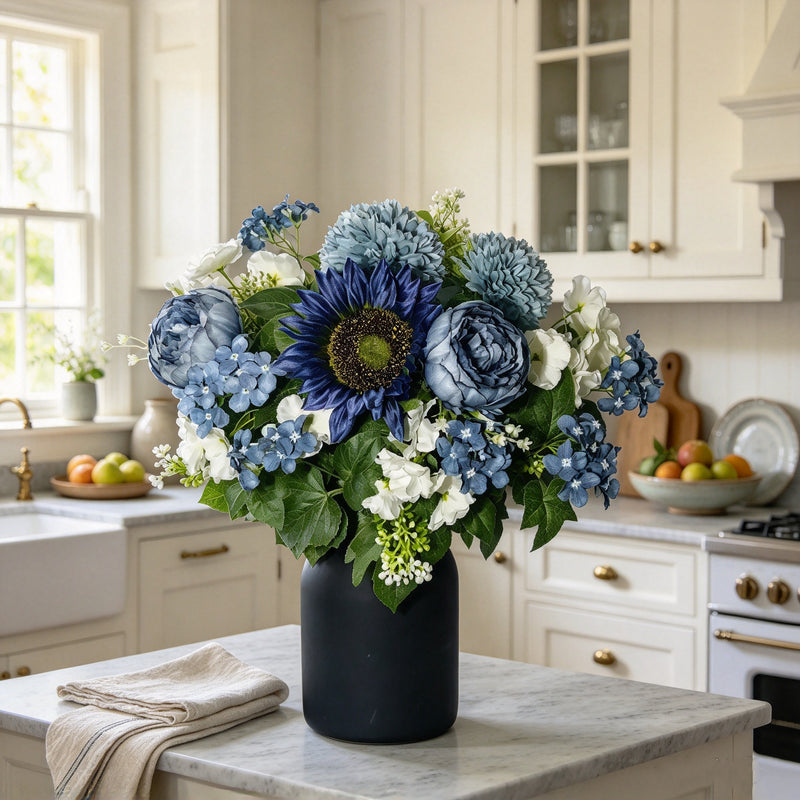 Dusty Blue Artificial Peony Hydrangea Bouquet with 24 Blooms, Metal Vase Included, Fall & Winter Home Decor