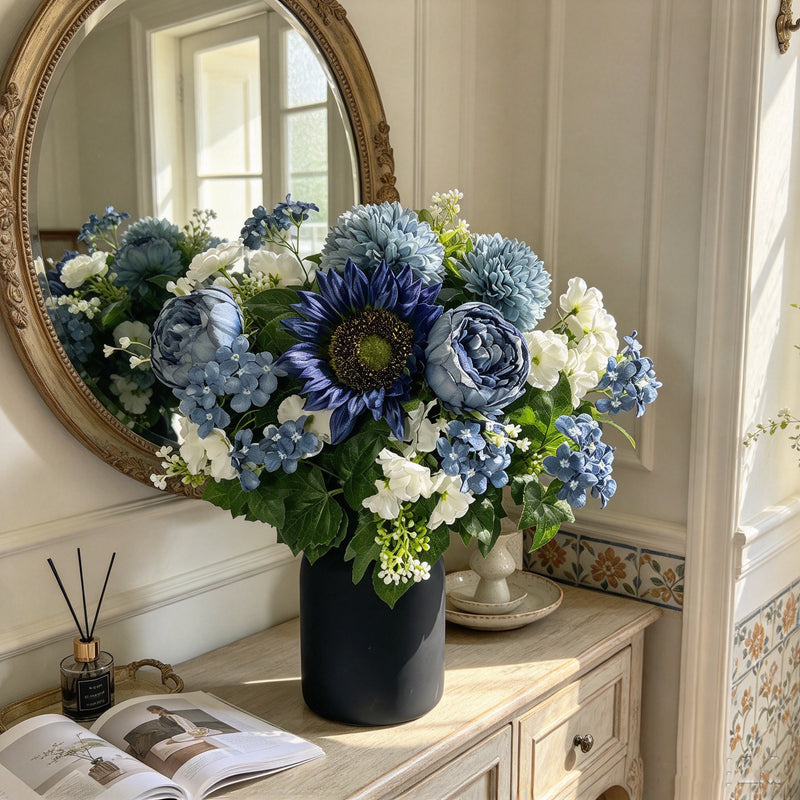 Dusty Blue Artificial Peony Hydrangea Bouquet with 24 Blooms, Metal Vase Included, Fall & Winter Home Decor