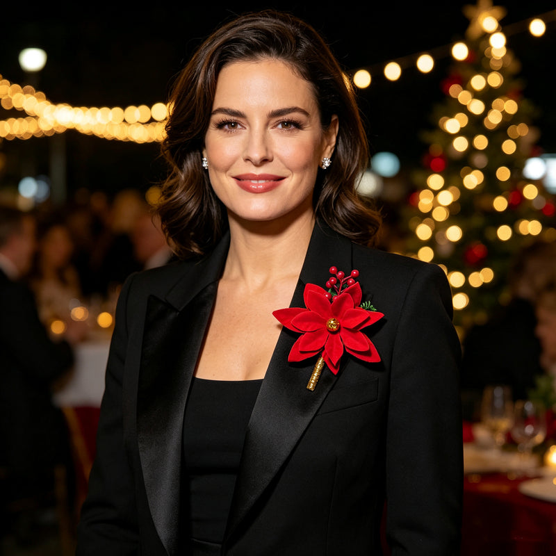 Artificial Christmas Boutonniere, Poinsettia or Holly Pinecone Gold Ball Corsage, Wedding & Holiday Party Lapel Flower