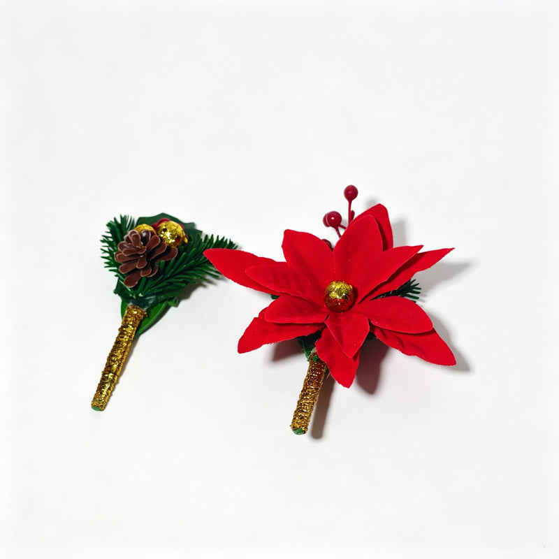Artificial Christmas Boutonniere, Poinsettia or Holly Pinecone Gold Ball Corsage, Wedding & Holiday Party Lapel Flower