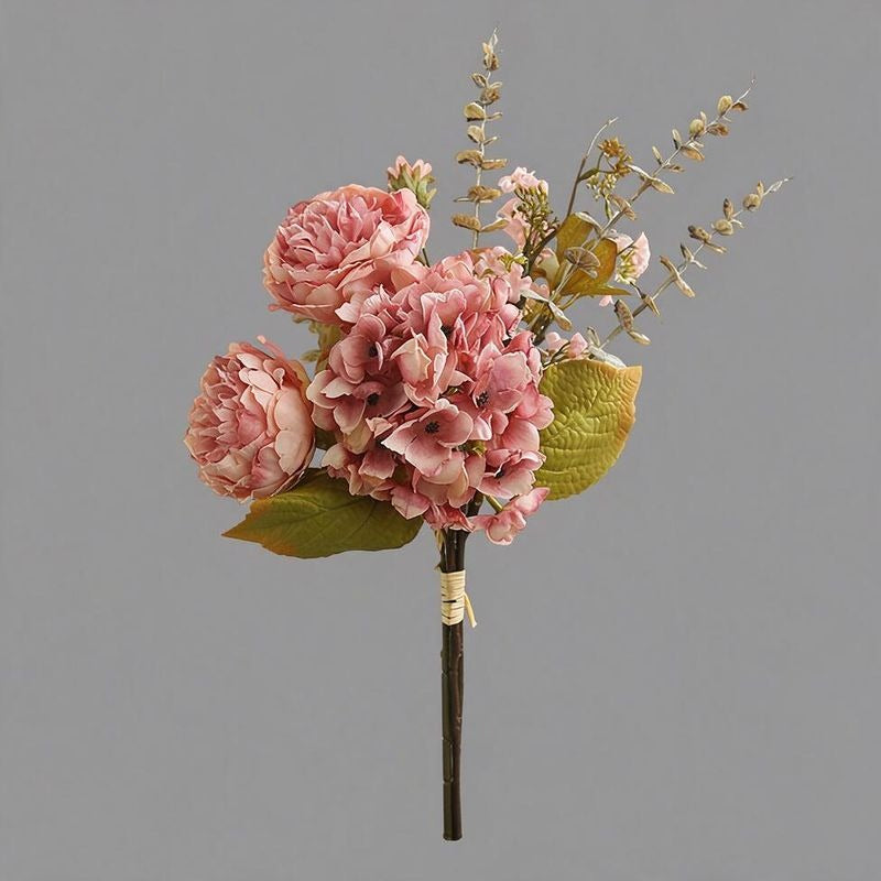 Artificial Peony & Hydrangea Bouquet, 3-Bloom Faux Silk Flowers with Bendable Stems, Autumn Home & Wedding Decor