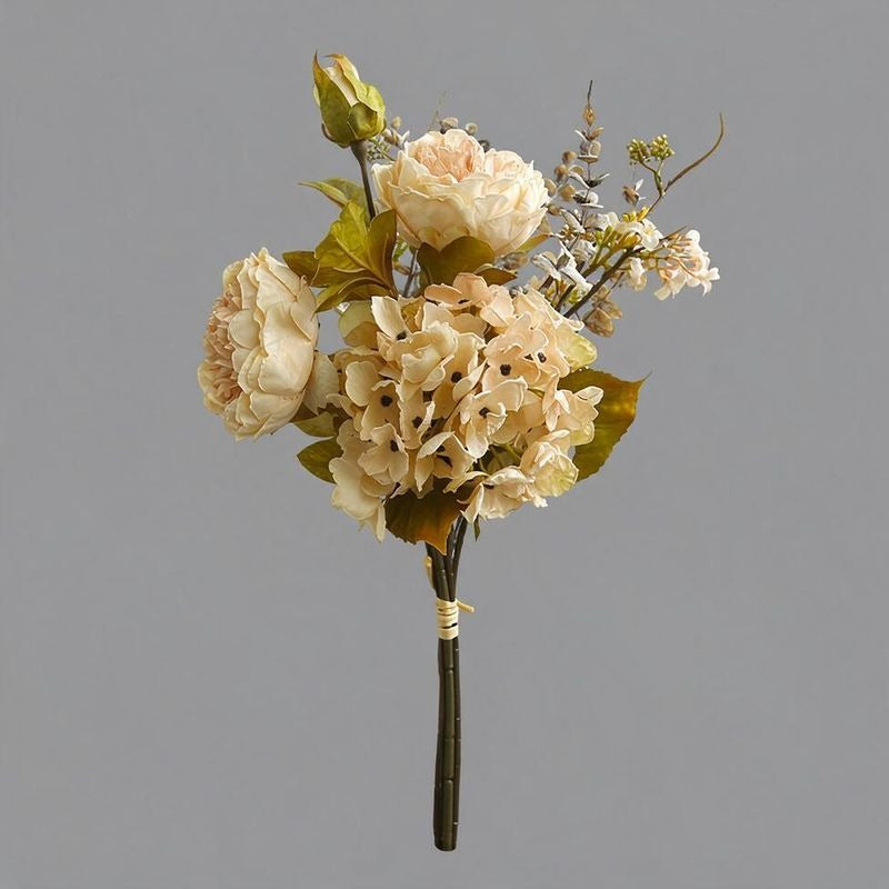 Artificial Peony & Hydrangea Bouquet, 3-Bloom Faux Silk Flowers with Bendable Stems, Autumn Home & Wedding Decor