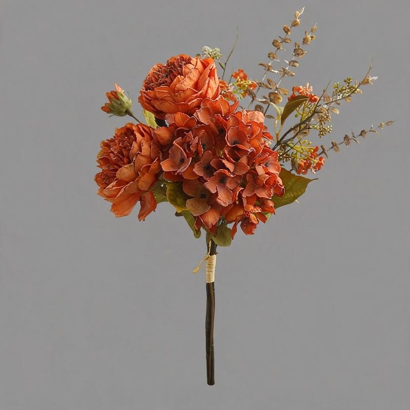 Artificial Peony & Hydrangea Bouquet, 3-Bloom Faux Silk Flowers with Bendable Stems, Autumn Home & Wedding Decor