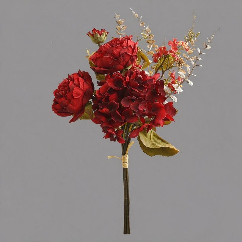 Artificial Peony & Hydrangea Bouquet, 3-Bloom Faux Silk Flowers with Bendable Stems, Autumn Home & Wedding Decor