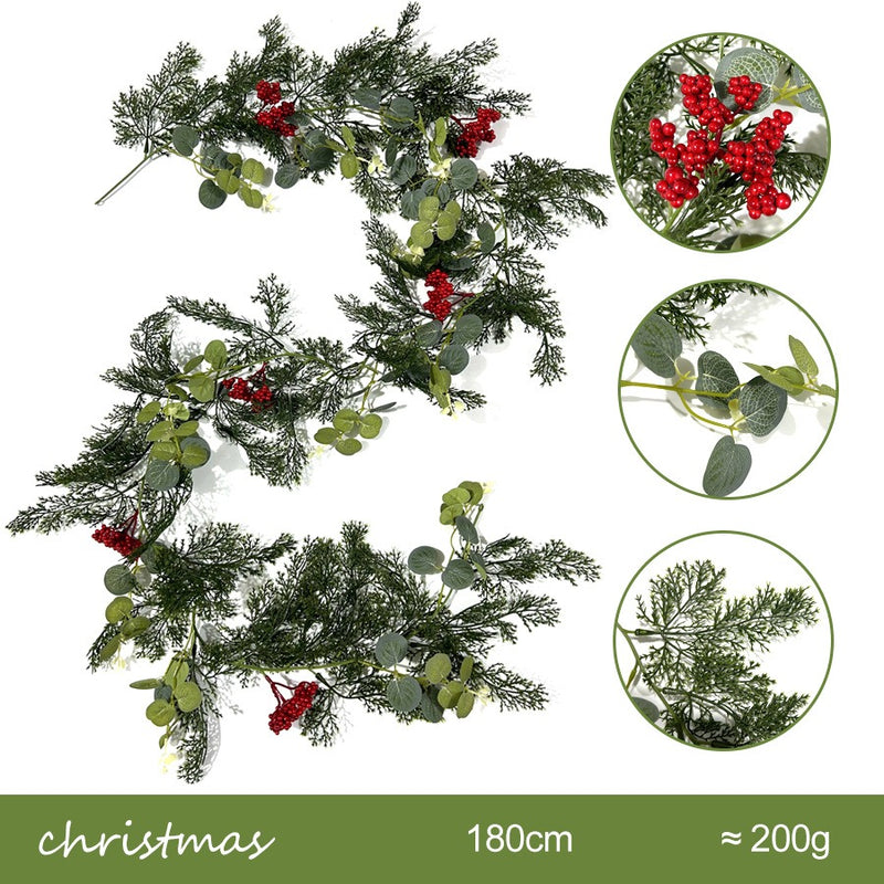 Artificial Christmas Garland Vine with Red Berries & Pine, Faux Money Leaf Greenery for Holiday Wall Decor, Mantel & Window Displays