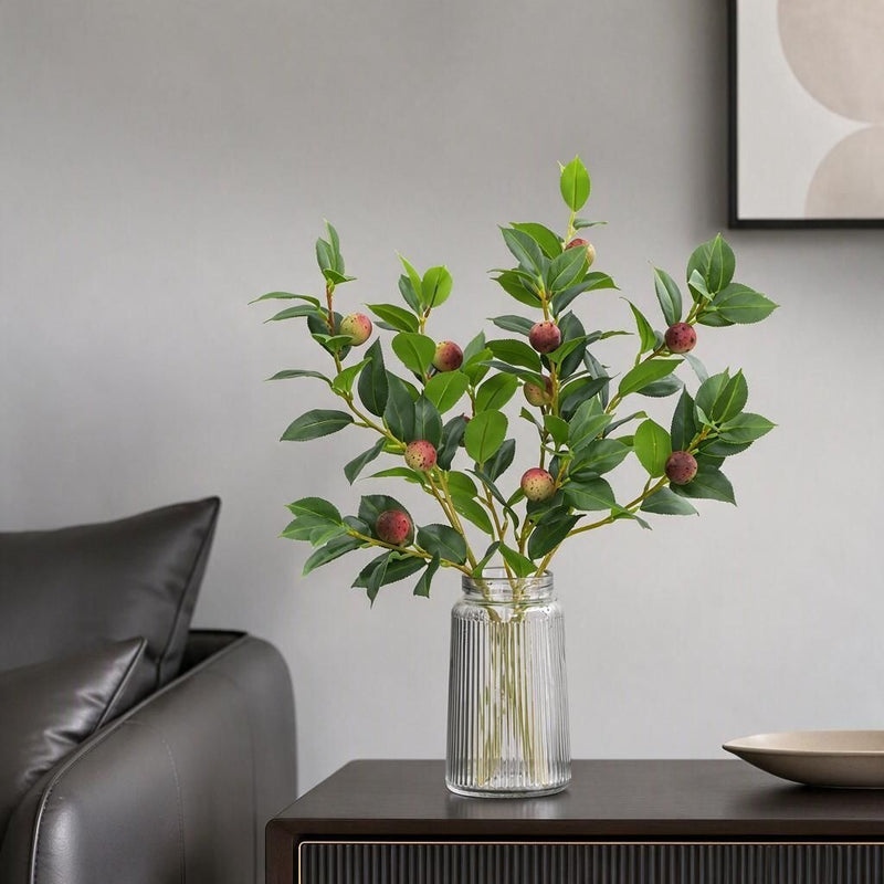 Artificial Camellia Fruit Bush, Faux Red Berry Tea Branch with Bendable Stems, for Home Decor, Wedding & Display
