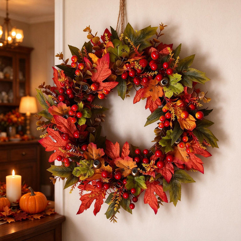 Artificial Maple Leaf Fall Wreath, Harvest Garland Door Hanging, Foam & Fabric Autumn Decor for Thanksgiving, Wall & Window Display