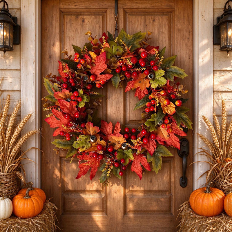 Artificial Maple Leaf Fall Wreath, Harvest Garland Door Hanging, Foam & Fabric Autumn Decor for Thanksgiving, Wall & Window Display