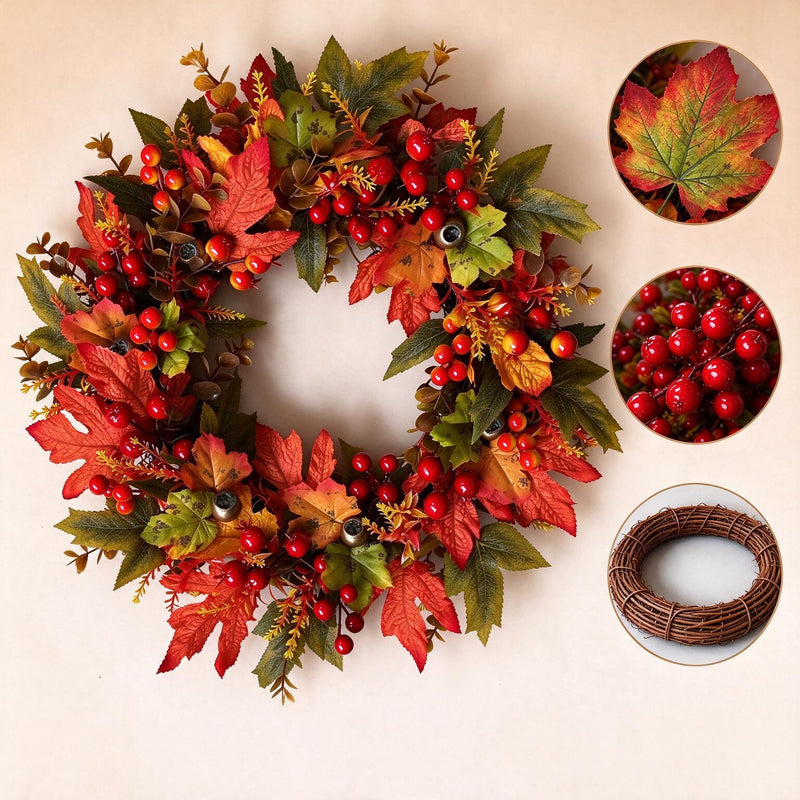 Artificial Maple Leaf Fall Wreath, Harvest Garland Door Hanging, Foam & Fabric Autumn Decor for Thanksgiving, Wall & Window Display