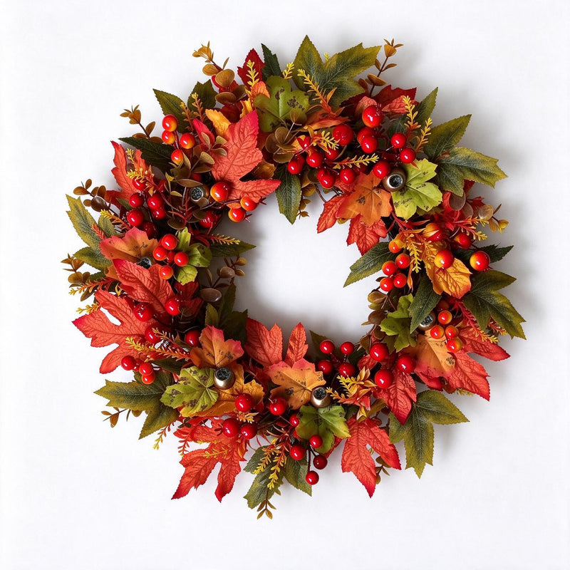Artificial Maple Leaf Fall Wreath, Harvest Garland Door Hanging, Foam & Fabric Autumn Decor for Thanksgiving, Wall & Window Display