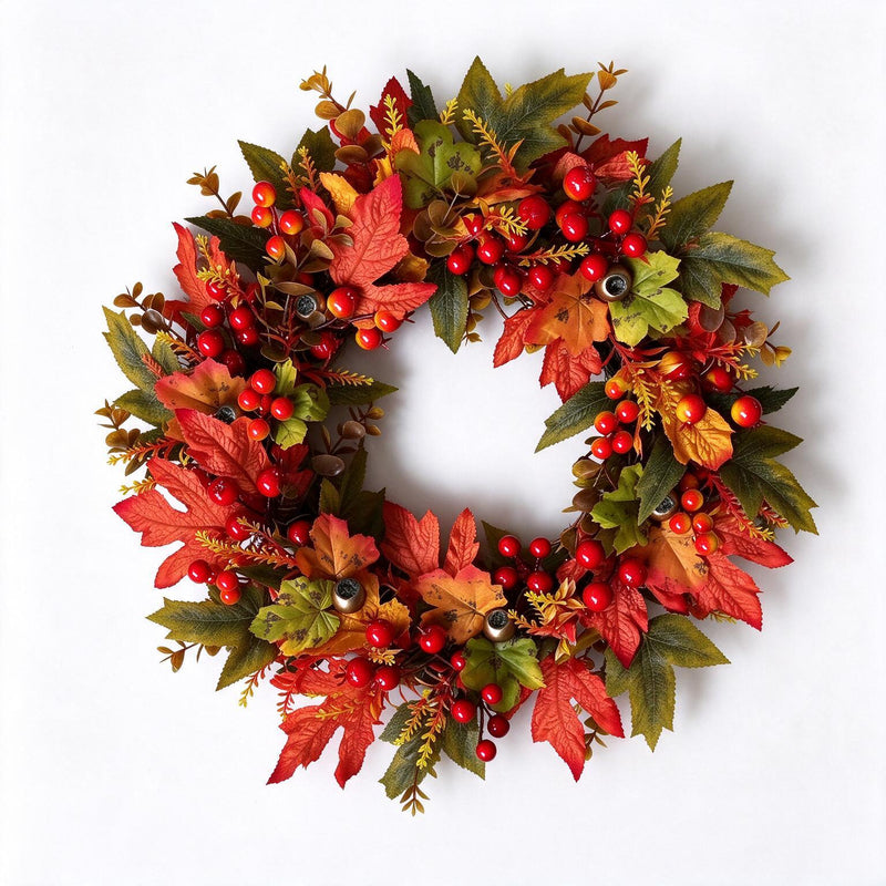 Artificial Maple Leaf Fall Wreath, Harvest Garland Door Hanging, Foam & Fabric Autumn Decor for Thanksgiving, Wall & Window Display