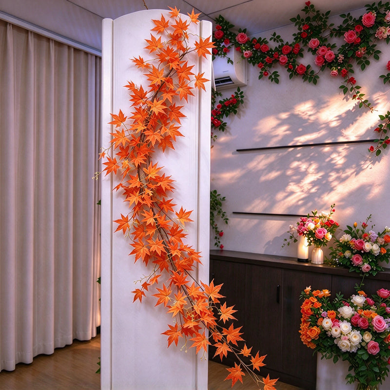 Artificial Maple Leaf Vine Garland, Trailing Faux Red & Green Maple Greenery, Indoor Home Decor, Wedding & Fall Decor