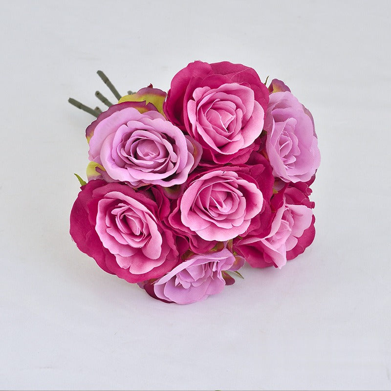 Artificial Rose Bouquet with 7 Blooms, Faux Silk Hand-Tied Bridal Bouquet, Wedding & Home Decor