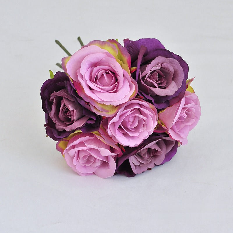 Artificial Rose Bouquet with 7 Blooms, Faux Silk Hand-Tied Bridal Bouquet, Wedding & Home Decor
