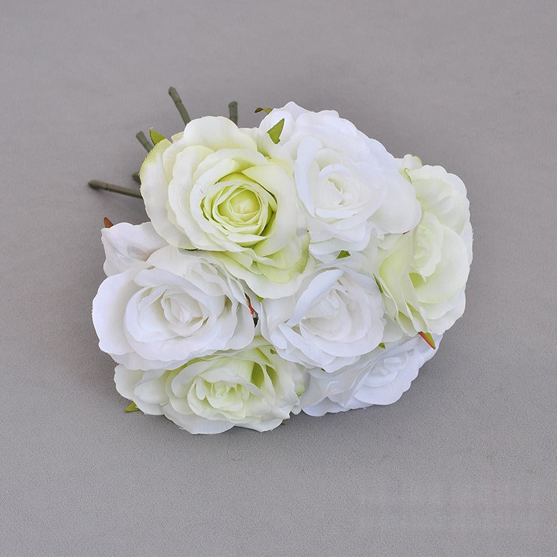 Artificial Rose Bouquet with 7 Blooms, Faux Silk Hand-Tied Bridal Bouquet, Wedding & Home Decor