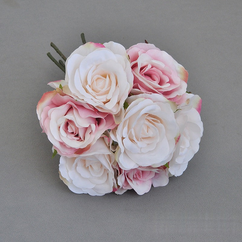 Artificial Rose Bouquet with 7 Blooms, Faux Silk Hand-Tied Bridal Bouquet, Wedding & Home Decor
