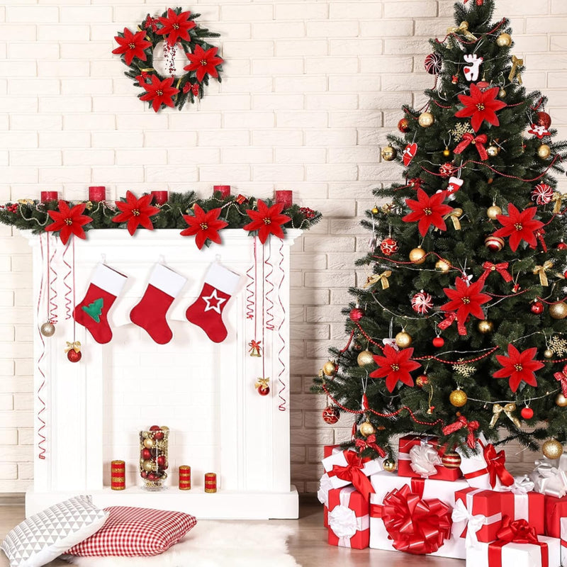 6 Pcs Poinsettia Flowers Artificial 7 Heads Poinsettia Bush Christmas Decoration