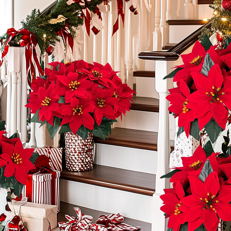6 Pcs Poinsettia Flowers Artificial 7 Heads Poinsettia Bush Christmas Decoration