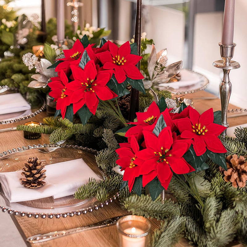 6 Pcs Poinsettia Flowers Artificial 7 Heads Poinsettia Bush Christmas Decoration