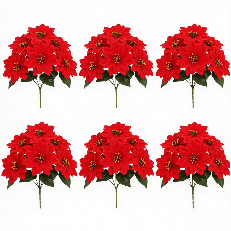 6 Pcs Poinsettia Flowers Artificial 7 Heads Poinsettia Bush Christmas Decoration